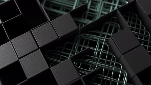 Intrincado laberinto 3D de cubos negros mate y cuadrículas plateadas que proyectan sombras sutiles