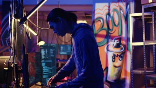 Young Adult Coding on Multiple Computer Screens