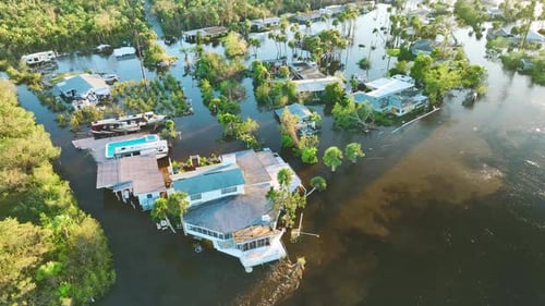 Surrounded By Hurricane Ian Rainfall Flood Waters Homes in Florida Residential Area Consequences of