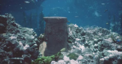 Underwater Ruins Reveal Ancient Structure Amidst Vibrant Marine Life