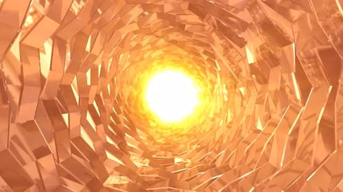 Abstract metallic shiny golden yellow polyhedral tunnel frame made of lines of hexagonal edges