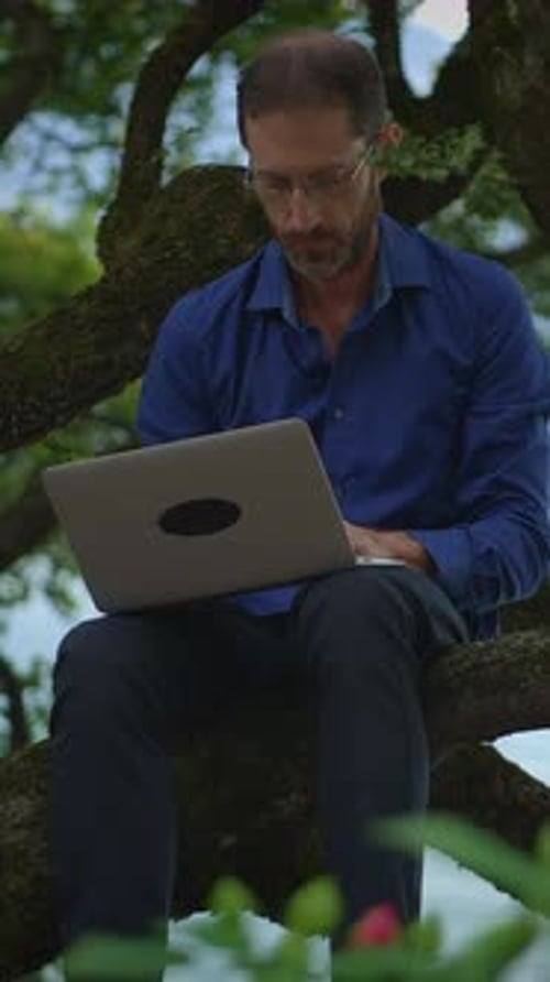 Man Working on Laptop Sitting on a Tree Branch