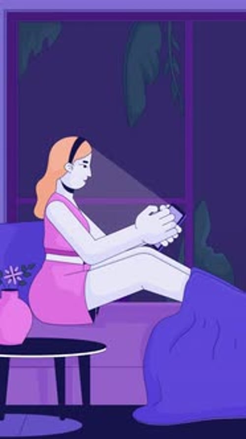 Cozy lofi girl scrolling at night vertical animation