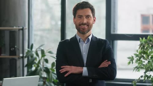 Successful Smiling Caucasian Adult Businessman Leader Stand in Office with Crossed Arms Confident