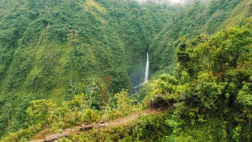 Wasserfall, der durch den üppigen grünen Regenwald im tropischen Bergtal stürzt