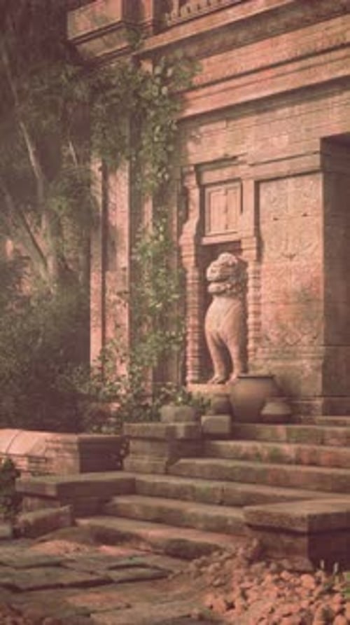 Bâtiment en pierre avec statue de lion
