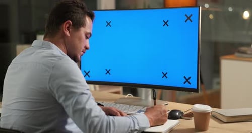 Mockup screen, writing and man with notebook in office for website, research