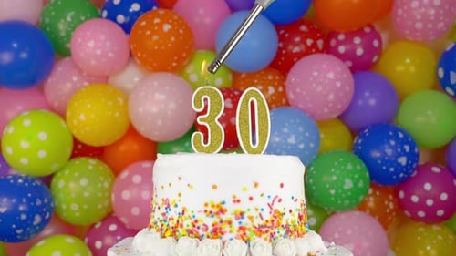 Festive Birthday Cake with Candles and Balloons