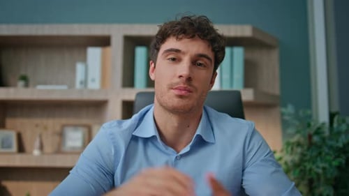 Pov Entrepreneur Talking Camera Interview in Office Online Coach Waving Hand