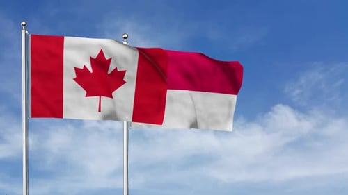 Canadian and Indonesian Flags Waving in Wind