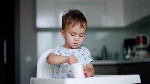 Cute Toddler Eating Yogurt in High Chair