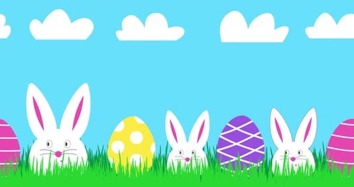 Banner animado de feliz Pascua con tres divertidos conejos blancos y coloridos huevos de Pascua, bonito