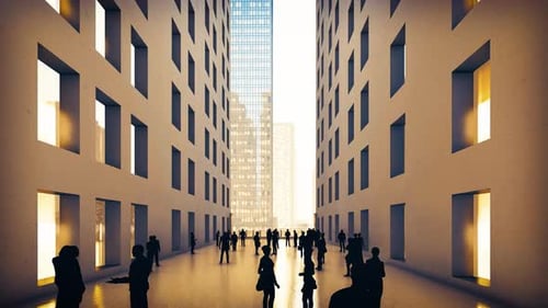 Silhouette 3D Crowd of People in Open Corridor with Skyscraper in the Background