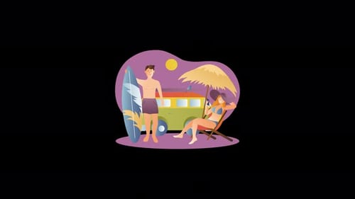 Beach scene with surfer and sunbather near vintage van