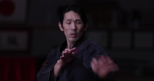 Japanese male practicing Karate in Dojo in Tokyo, Japan