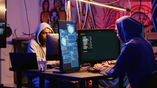 Hooded Hackers Working With Computers