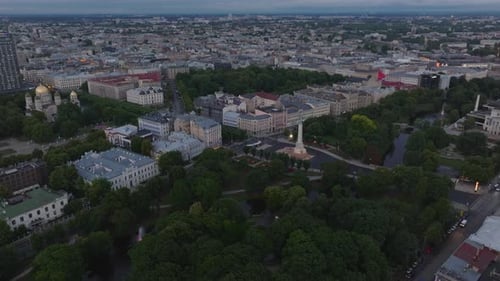 Aerial Panoramic View of Metropolis Green Park Around Freedom Monument and Historic Houses and