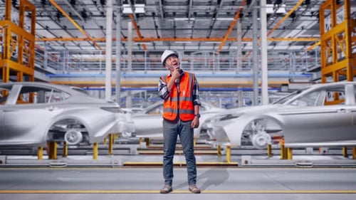 Corps entier d'un ingénieur asiatique pensant puis levant son index dans une usine automobile
