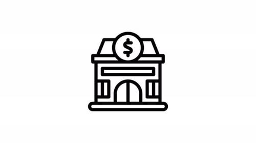 Animated Bank Building Icon with Spinning Dollar Sign