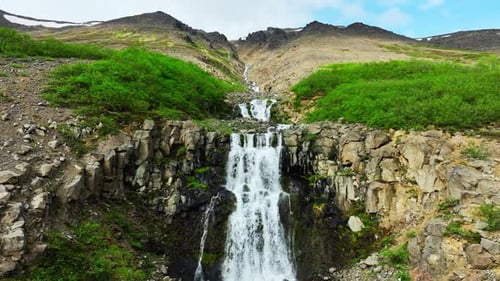 Waterfall River Flow Mountain Cliffs Nature Summer Epic Aerial