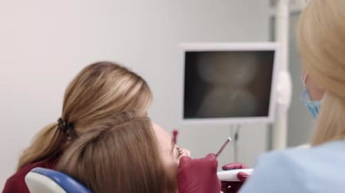 Dentist Inspecting Teeth in Brightly Lit Office