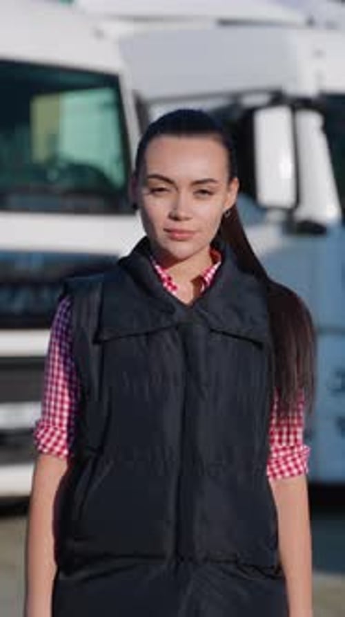 Female Logistics Worker Standing Near Trucks Outdoors