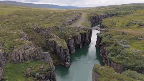 Aerial View of Iceland River and Canyon Summer Day Beauty