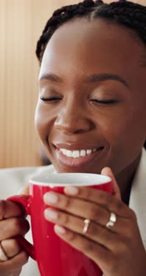 Happy, thinking and coffee with business black woman in office for reflection, beverage or vision