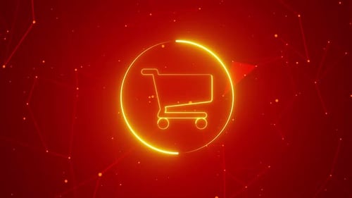 Neon Shopping Cart Icon Animation Loop with Digital Network