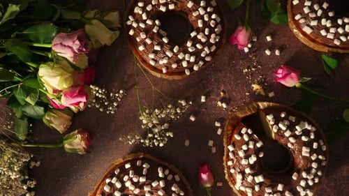 Marshmallow Doughnuts and Roses Flat Lay