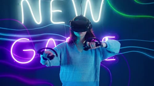 Young Woman Using VR Headset with Controllers