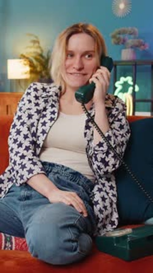 Woman chatting on retro phone in quirky apartment