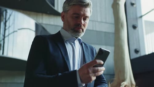 Closeup View of Successful Bearded Man with Gray Hair Using Smartphone Shot Bearded Handsome