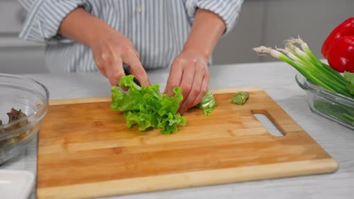 Person Prepares Salad with Fresh Lettuce