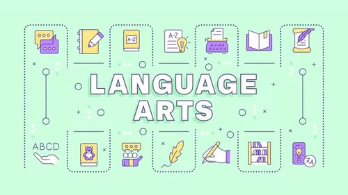 Animated Flat Design Language Arts Icons with Text Reveal