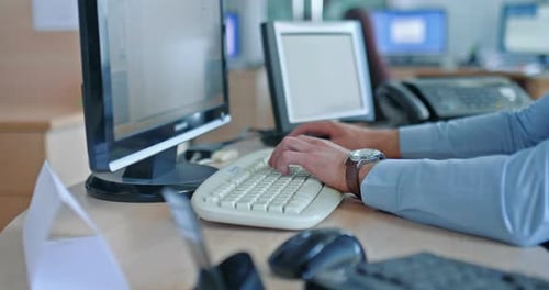 Successful Businessman Working with PC in Office Closeup of Hands and Computer Prores