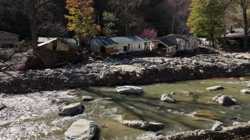 Damage to Homes From Hurricane Helen A Mountain River Washed Out By Flooding