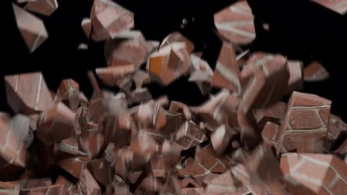 Brick explosion background. Many flying and falling brick wall. Cracks on brick wall.