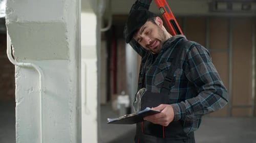Caucasian Man Builder Holding Measuring Ruler Rubbing Back Thoughtful Engineer Architect Foreman