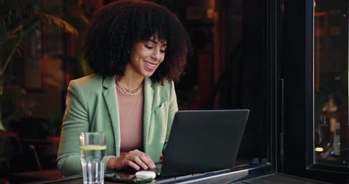 Remote work, video call and wave with laptop in coffee shop for communication