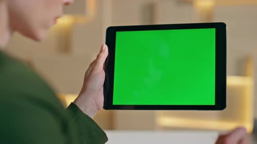 Girl Finger Swiping Greenscreen Tablet Close Up Unknown Woman Surfing Internet