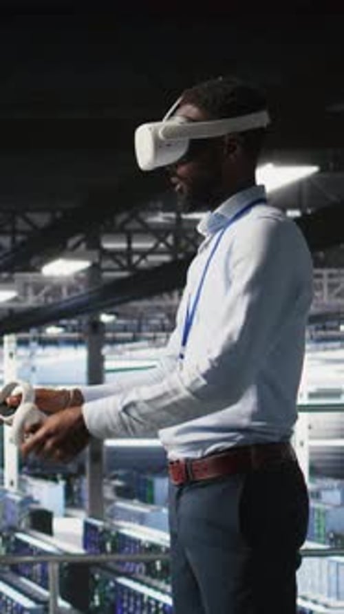 Vertical Video Engineer Using VR Headset in Data Center to Update Server Tech