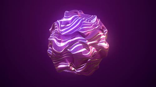 Morphing of a purple sphere, a ball of molten fluid iridescent brilliant beautiful glowing on a dark