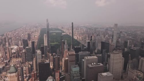 Aerial video of the skyscrapers in the city, Central Park in New York. USA