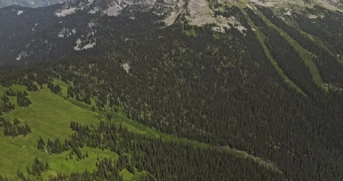 Mt Revelstoke BC Canada Aerial v4 birds eye view drone flyover forested mountain, tilt up reveals sc