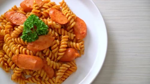 pâtes en spirale ou en spirali avec sauce tomate et saucisse - cuisine italienne
