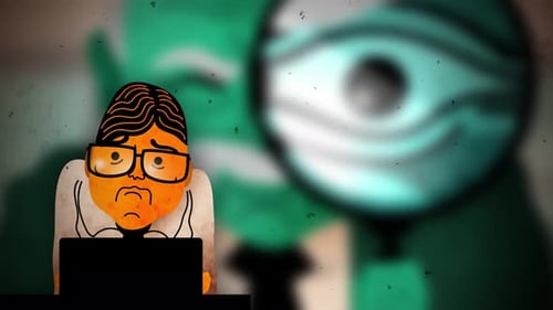 stressed office worker under giant magnifying glass of micromanaging boss