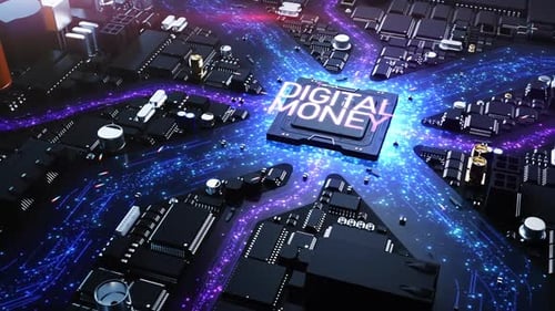 digital money and business . city in the style of computer components with the effect of computing