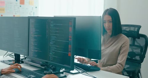 Group Adult Asia male, female freelance typing write prompt AI bot IT app smart program nomad.