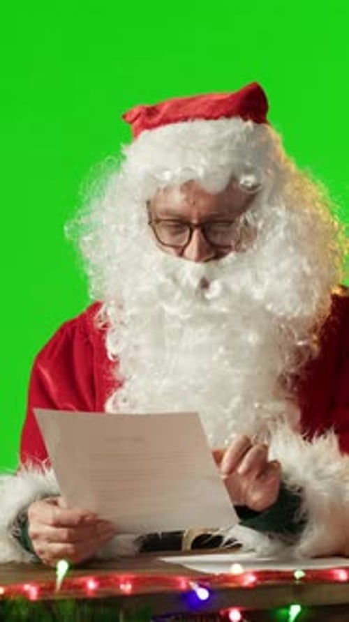 Vertical Video Father Christmas Reads Letters and Sitting Against a Big Green Screen